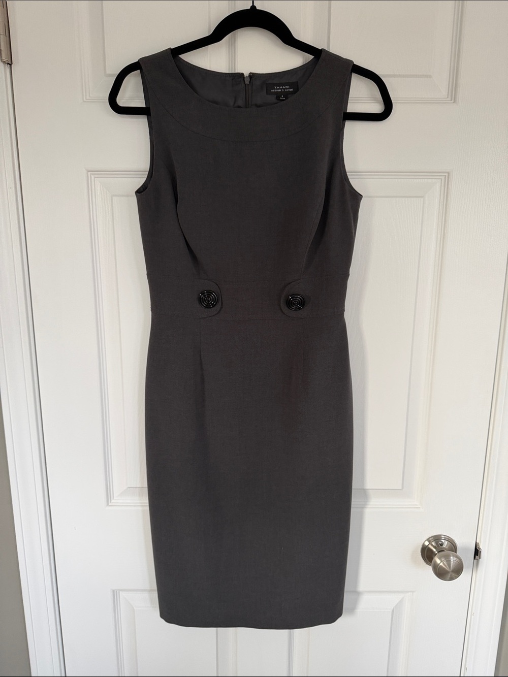 Tahari ASL Charcoal Sheath Dress with Waist Buttons Size 2